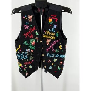 Cambridge Country Store Vintage Christmas Vest Black Velvet Embroidered M
